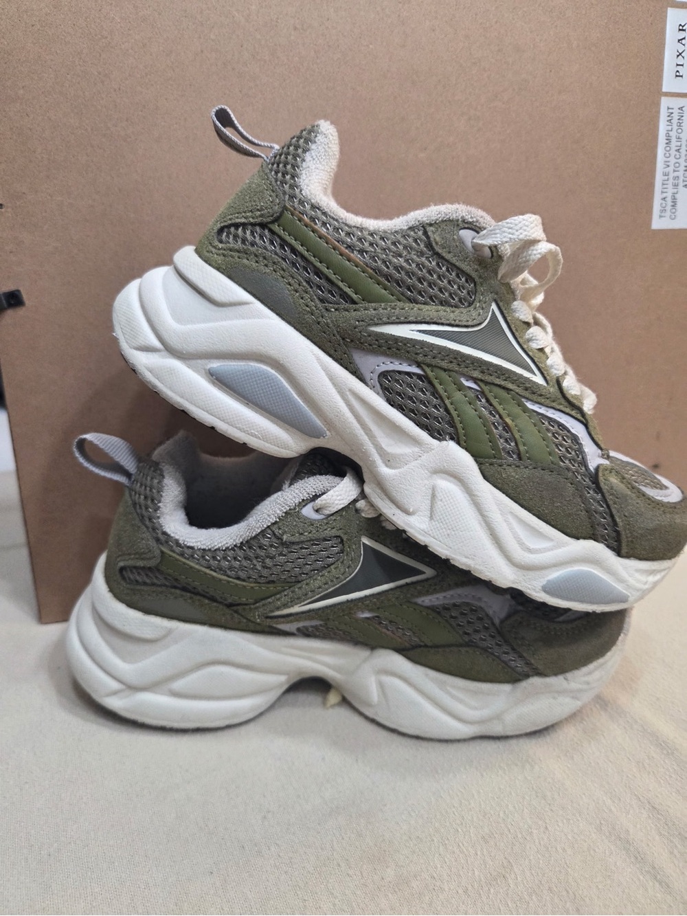 Reebok Olive Green and White Chunky Athletic Sneakers